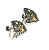 Vintage Sterling Silver Japanese Amita Damascene Fan Shape Non Pierced Earrings