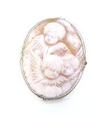 Ethereal 14ct White Gold Filigree & Cameo Trio of Cherubs Brooch Pendant 15.3g