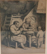 1653 Adrian van Ostade Etching. “Peasant Family Saying Grace” Handwritten Note