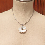 Sparkling Sterling Silver Mother of Pearl & CZ Flower Pendant w 925 Chain 13.5g