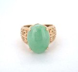 Stylish 14ct Yellow Gold & Apple Green Jade Ring Greek Key Design Size L 5.6g