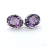 Classic Stylish Sterling Silver Faceted Oval Amethyst Stud Earrings 8.2g