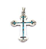 Vintage Mexican Sterling Silver & Inlaid Turquoise Two Sided Cross Pendant 12 g