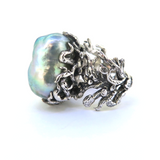 Naturalistic Sterling Silver & Iridescent Baroque Pearl Statement Ring Size L1/2