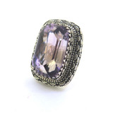 Ornate Balinese Style Sterling Silver & 28x16mm Amethyst Ring Size R 32.7g