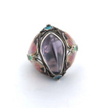 Vintage Chinese Sterling Silver Filigree Amethyst & Enamel Ring Size P 10.7g