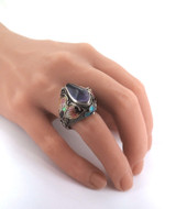 Vintage Chinese Sterling Silver Filigree Amethyst & Enamel Ring Size P 10.7g