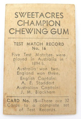 1930s Don Bradman Card No. 15 Sweetacres Test Match Records. Nice Used Condition