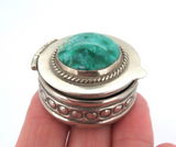 Stunning Ornate Taxco Sterling Silver & Green Agate Accent Pill Box 22.2g