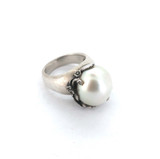 Pretty Sterling Silver Floral Set Iridescent Pearl Statement Ring Size P 16.4g