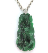 Stylised Chromium Jadeite Carving Fish & Lotus with Sterling Silver Chain 40.2g