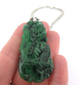 Stylised Chromium Jadeite Carving Fish & Lotus with Sterling Silver Chain 40.2g