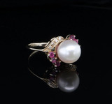 A Vintage Pearl Diamond & Ruby Set 14ct Gold Cocktail Ring Size J Val $2160