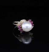 A Vintage Pearl Diamond & Ruby Set 14ct Gold Cocktail Ring Size J Val $2160