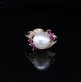 A Vintage Pearl Diamond & Ruby Set 14ct Gold Cocktail Ring Size J Val $2160