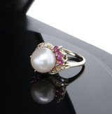 A Vintage Pearl Diamond & Ruby Set 14ct Gold Cocktail Ring Size J Val $2160