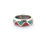 Vintage Sterling Silver Inlaid Turquoise & Coral Zig Zag Ring Size J 6.5g