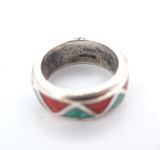 Vintage Sterling Silver Inlaid Turquoise & Coral Zig Zag Ring Size J 6.5g