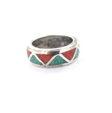 Vintage Sterling Silver Inlaid Turquoise & Coral Zig Zag Ring Size J 6.5g