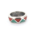 Vintage Sterling Silver Inlaid Turquoise & Coral Zig Zag Ring Size J 6.5g