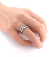 Vintage Sterling Silver Inlaid Turquoise & Coral Zig Zag Ring Size J 6.5g