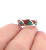 Vintage Sterling Silver Inlaid Turquoise & Coral Zig Zag Ring Size J 6.5g
