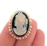Beautiful 14ct Yellow Gold & Freshwater Pearl Portrait Cameo Brooch/Pendant 5.1g