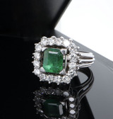 Vintage Emerald & Diamond Halo Cluster 14ct White Gold Ring Size N Val $12410