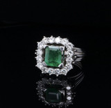 Vintage Emerald & Diamond Halo Cluster 14ct White Gold Ring Size N Val $12410
