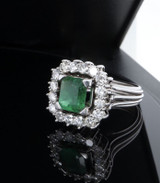 Vintage Emerald & Diamond Halo Cluster 14ct White Gold Ring Size N Val $12410