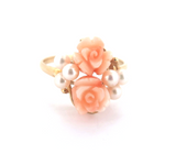 Vintage Na Hoku Sultan 14ct Gold Natural Carved Coral Rose & Pearl Ring Size T