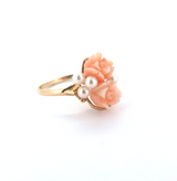 Vintage Na Hoku Sultan 14ct Gold Natural Carved Coral Rose & Pearl Ring Size T