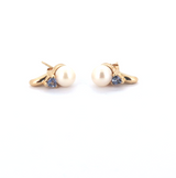 Stylish 14ct Yellow Gold 5.8mm Pearl & Tanzanite Accent Earring Studs 2.1g