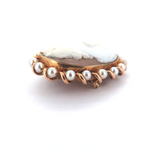 Beautiful 10ct Yellow Gold Decoratively Carved Agate & Pearl Cameo Brooch 5.8g