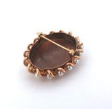 Beautiful 10ct Yellow Gold Decoratively Carved Agate & Pearl Cameo Brooch 5.8g