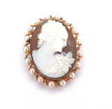 Beautiful 10ct Yellow Gold Decoratively Carved Agate & Pearl Cameo Brooch 5.8g