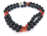 Quality 14ct Yellow Gold Black Onyx & Carnelian Beaded Necklace 78cm 123.9g