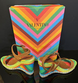 Auth. Valentino Zeppa Multicolour Rainbow Wedge Sandals Sz 37.5