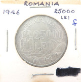 UNC 1946 Romania 25000 Lei .700 Silver. Some Tone Spots.