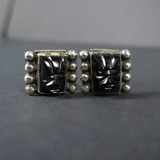 Vintage Carved Onyx Tribal Mask and Sterling Silver Screw-on Earrings