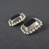 Vintage Cabochon Finished Onyx Clip on Earrings In Sterling Silver Surrounds