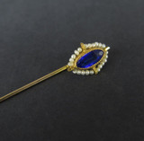 Vintage 10ct Yellow Gold Tiny Pearls & Faceted Blue Glass Stick Pin