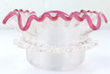 Late Victorian / Edwardian Threaded & Ruffle Glass Small Bowl with Cranberry Rim