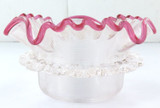 Late Victorian / Edwardian Threaded & Ruffle Glass Small Bowl with Cranberry Rim
