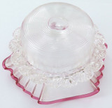 Late Victorian / Edwardian Threaded & Ruffle Glass Small Bowl with Cranberry Rim