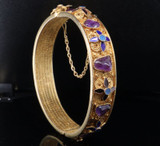 Antique Chinese Silver Gilt Amethyst & Enamel Set Hinged Bangle