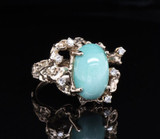Vintage Turquoise Diamond Set 14k Gold Organic Style Ring size J Val $4495