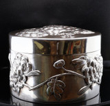 19th C. Chinese Sterling Silver Circular Lided Box Chrysanthemums by Wang Nam
