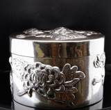 19th C. Chinese Sterling Silver Circular Lided Box Chrysanthemums by Wang Nam