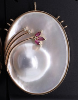 Vintage Large Blister Pearl Ruby & Diamond Set 14k Gold Pendant Val $2235